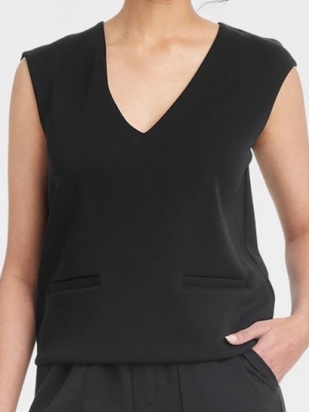 A New Day Womens XS Sandwash Vest Sleeveless Top Black V-Neck Faux Pockets